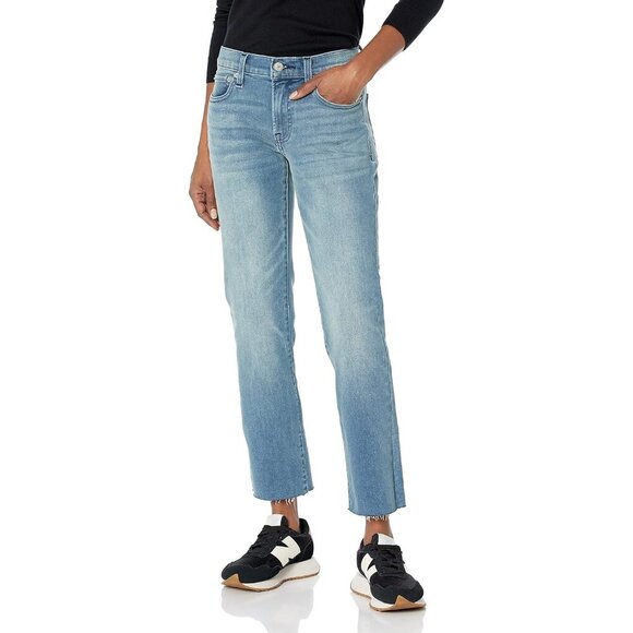 Women's Crop Jean Cotton Blend Mid Rise Straight Fit 5-Pocket Medium Wash